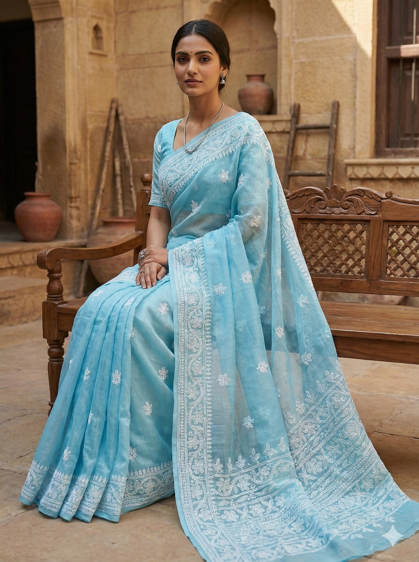 Sky Blue Chanderi Chikankari Saree with Hand Embroidery | Lucknow Best Chikankari