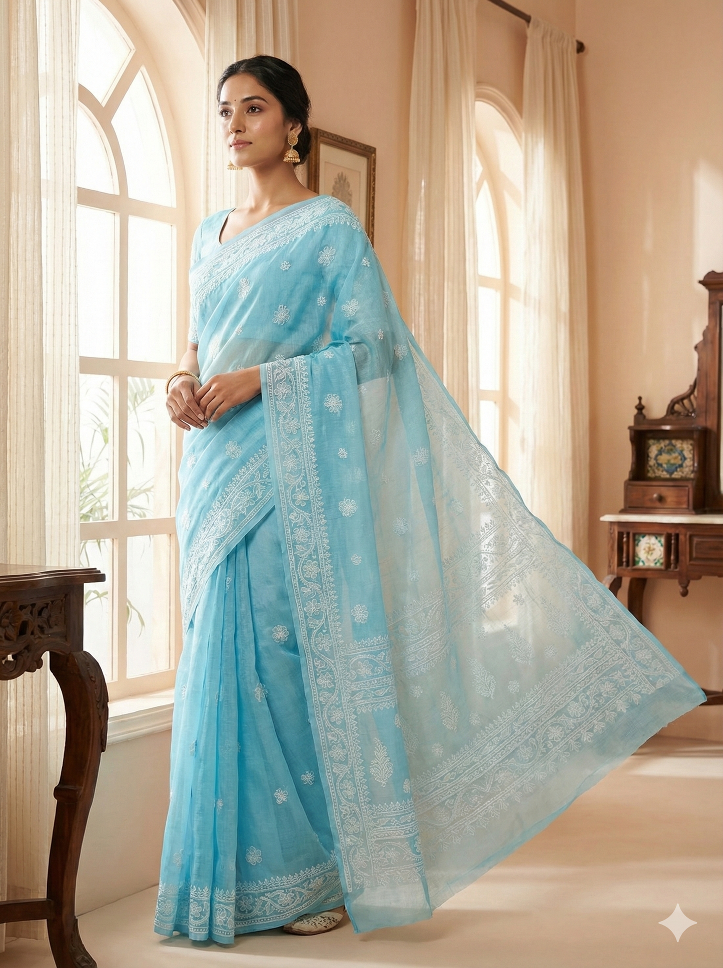 Sky Blue Chanderi Chikankari Saree with Hand Embroidery | Lucknow Best Chikankari