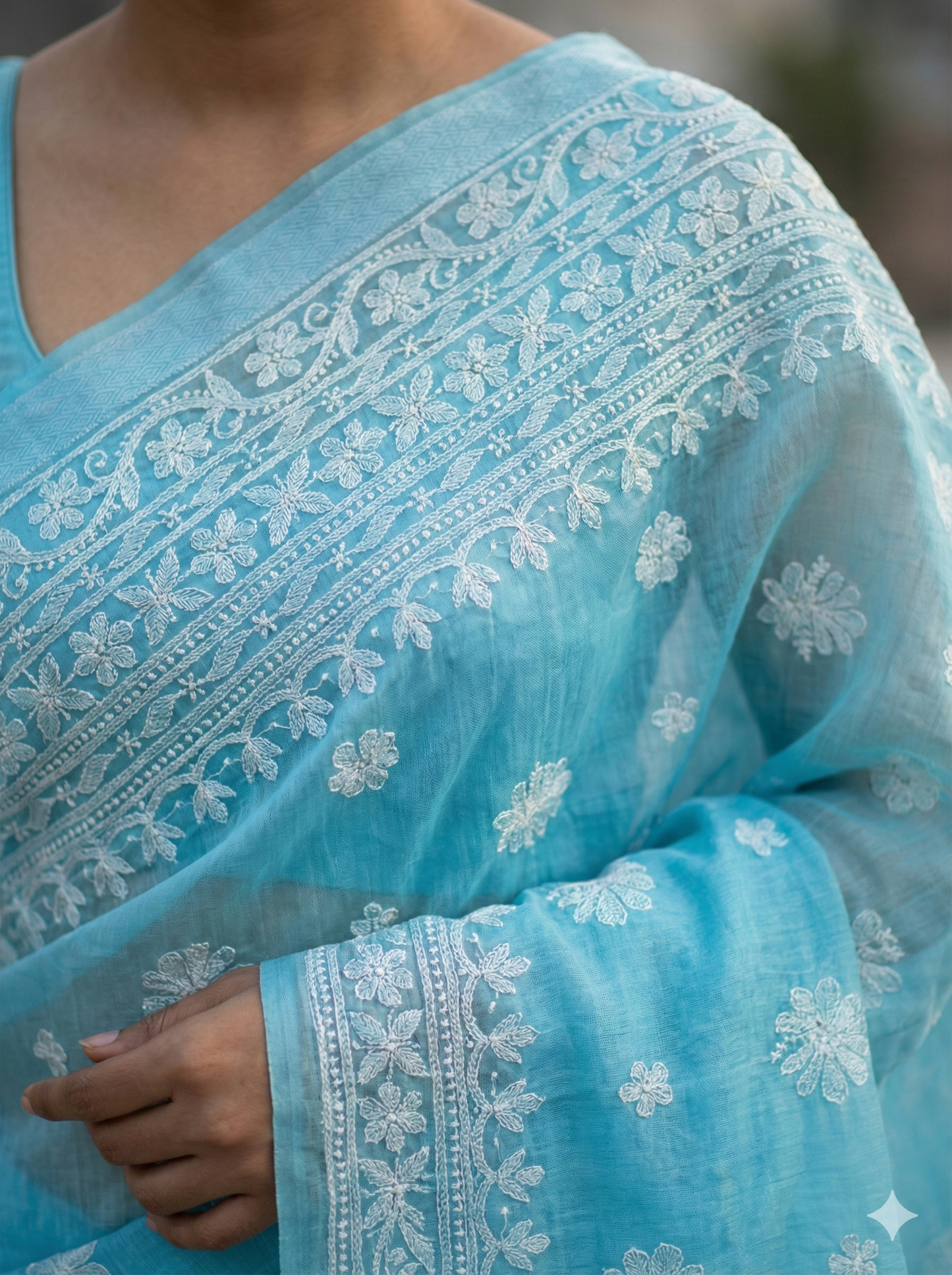 Sky Blue Chanderi Chikankari Saree with Hand Embroidery | Lucknow Best Chikankari