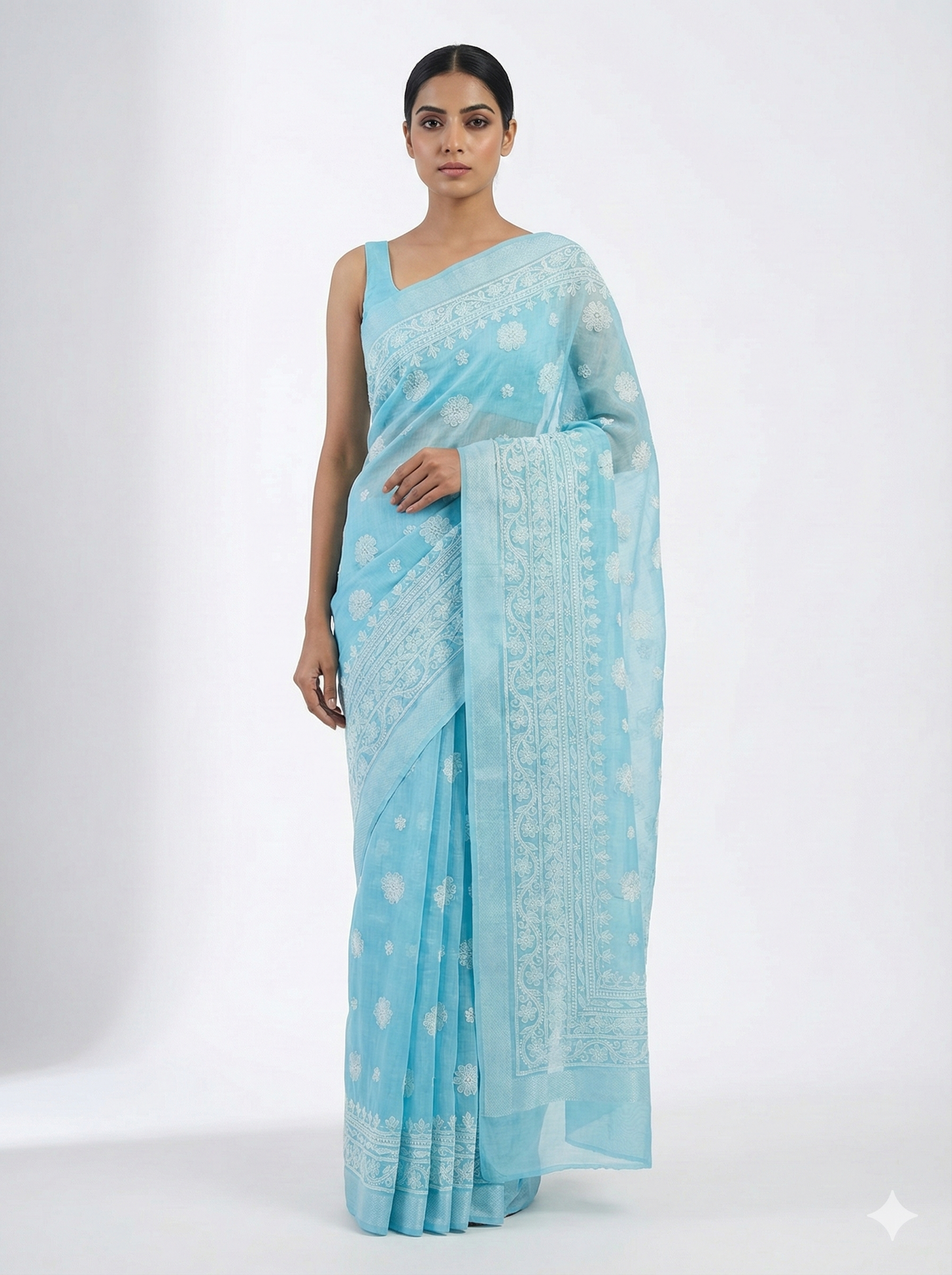 Sky Blue Chanderi Chikankari Saree with Hand Embroidery | Lucknow Best Chikankari