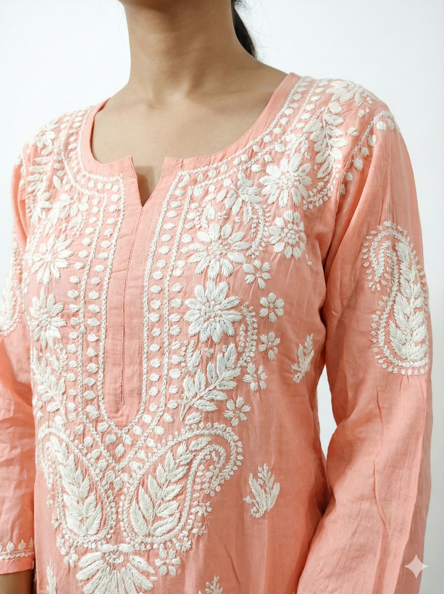 Peach Modal Chikankari Kurti for Women | Pure Modal Fabric | Hand Embroidered Lucknowi Chikankari | Straight Fit Ethnic Kurta