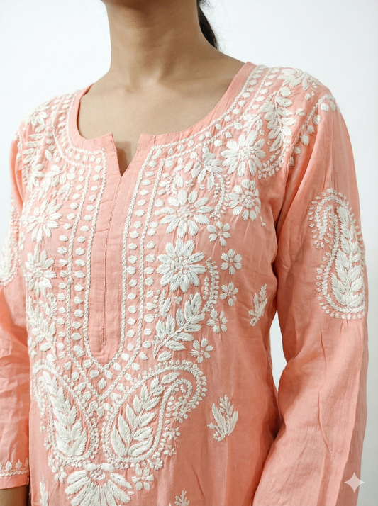 Peach modal Chikankari kurti embroidery close up