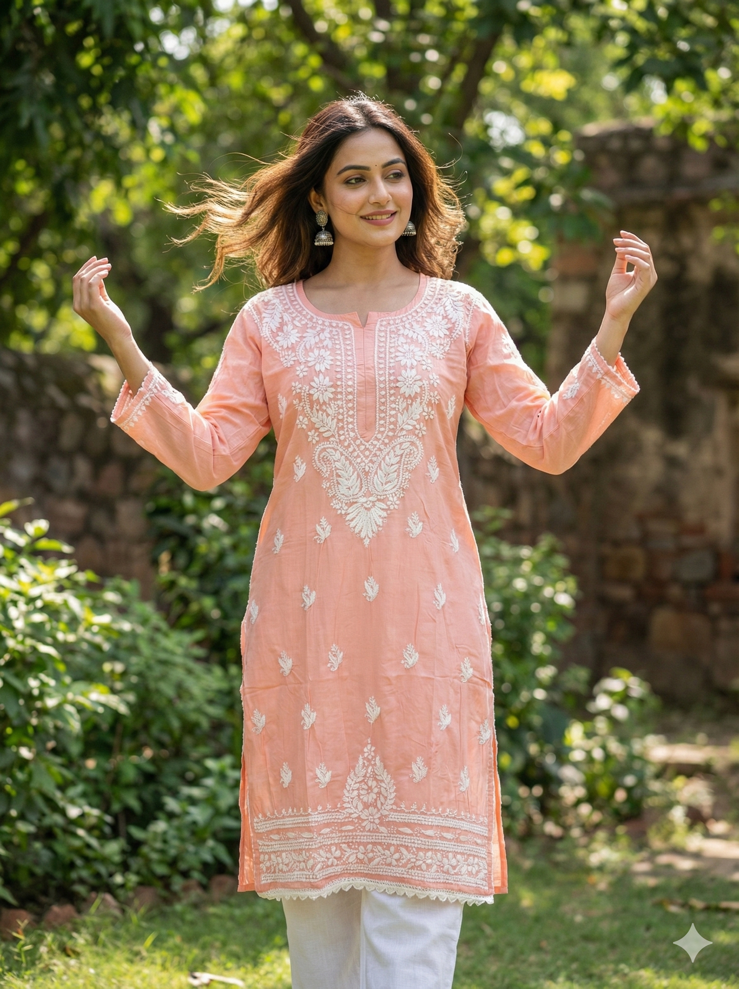 Peach Modal Chikankari Kurti for Women | Pure Modal Fabric | Hand Embroidered Lucknowi Chikankari | Straight Fit Ethnic Kurta