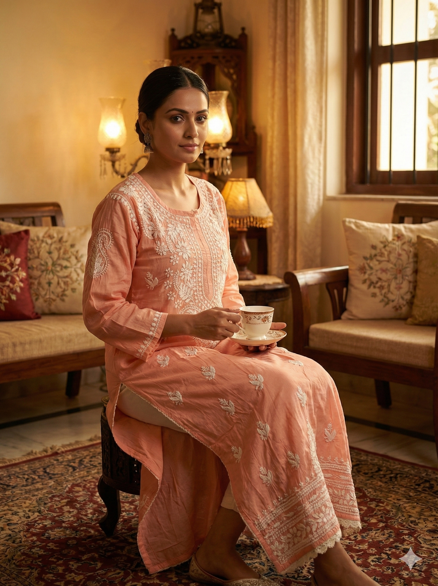 Peach Modal Chikankari Kurti for Women | Pure Modal Fabric | Hand Embroidered Lucknowi Chikankari | Straight Fit Ethnic Kurta