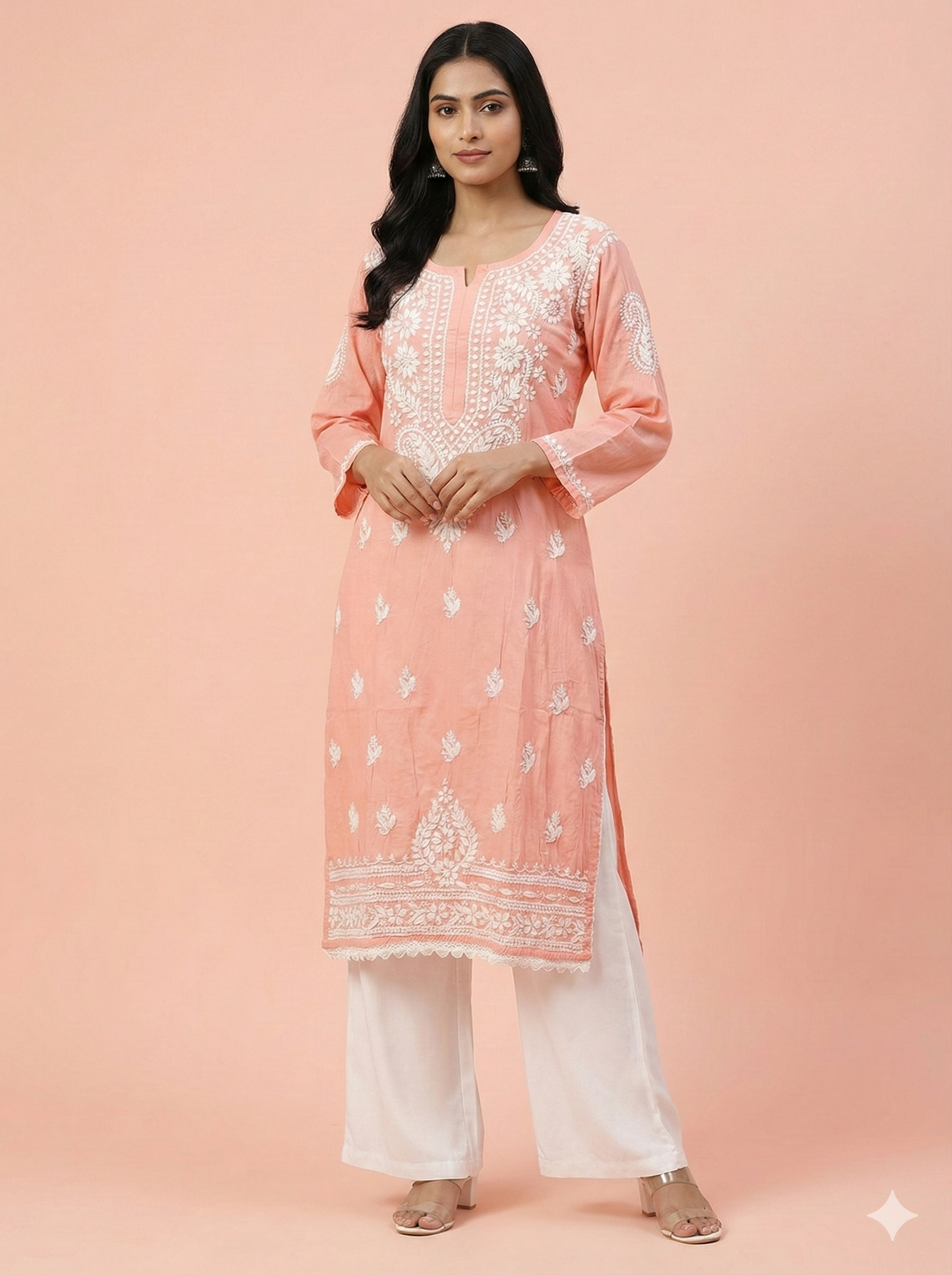 Peach Modal Chikankari Kurti for Women | Pure Modal Fabric | Hand Embroidered Lucknowi Chikankari | Straight Fit Ethnic Kurta