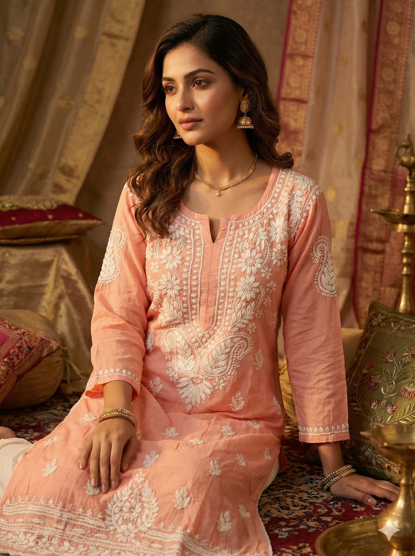 Peach Modal Chikankari Kurti for Women | Pure Modal Fabric | Hand Embroidered Lucknowi Chikankari | Straight Fit Ethnic Kurta
