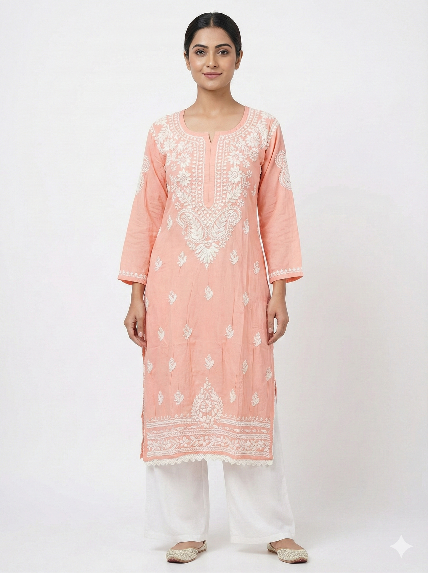 Peach Modal Chikankari Kurti for Women | Pure Modal Fabric | Hand Embroidered Lucknowi Chikankari | Straight Fit Ethnic Kurta