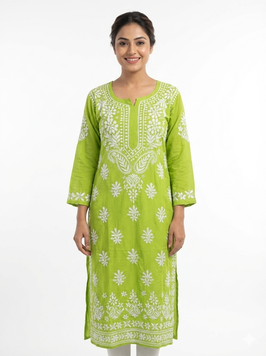 Green Lucknowi Chikankari Kurti for Women | Original Hand Embroidered Modal Kurti – Lucknow Best Chikankari