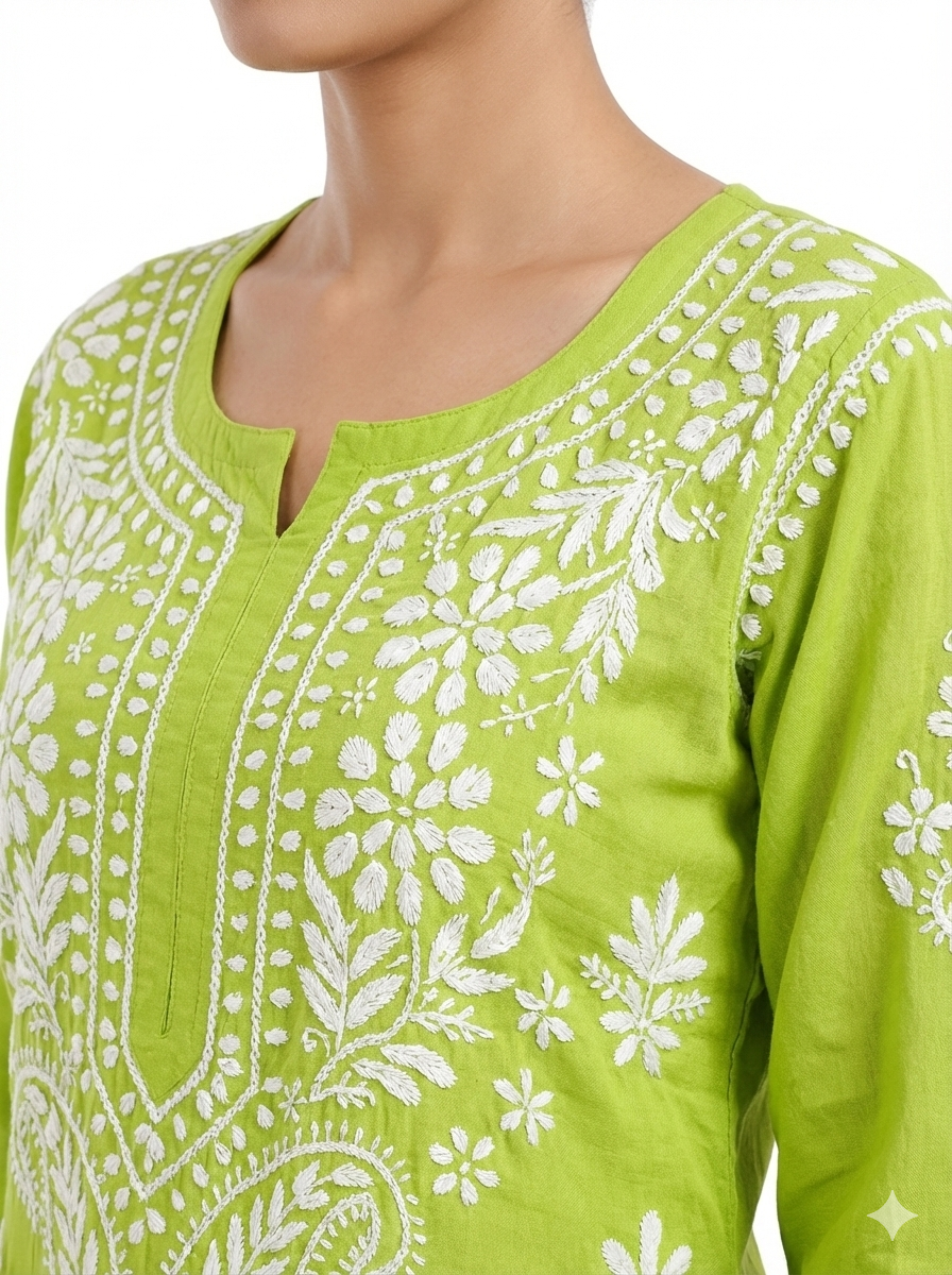 Green Lucknowi Chikankari Kurti for Women | Original Hand Embroidered Modal Kurti – Lucknow Best Chikankari