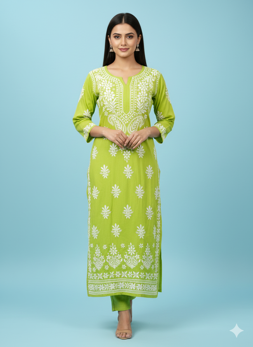 Green Lucknowi Chikankari Kurti for Women | Original Hand Embroidered Modal Kurti – Lucknow Best Chikankari