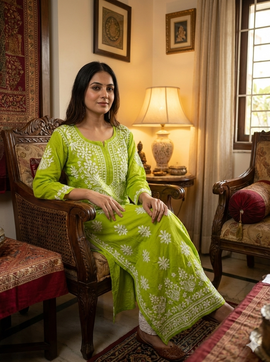 Green Lucknowi Chikankari Kurti for Women | Original Hand Embroidered Modal Kurti – Lucknow Best Chikankari