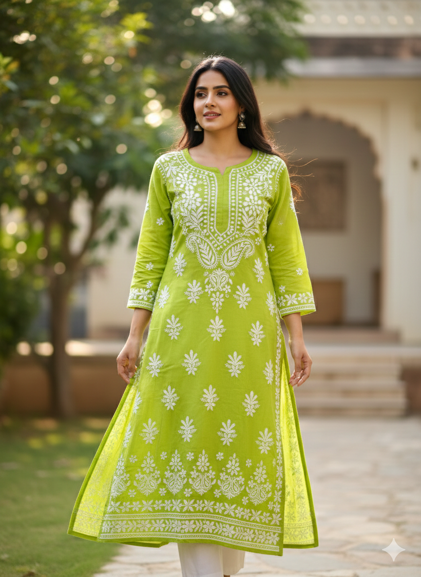 Green Lucknowi Chikankari Kurti for Women | Original Hand Embroidered Modal Kurti – Lucknow Best Chikankari