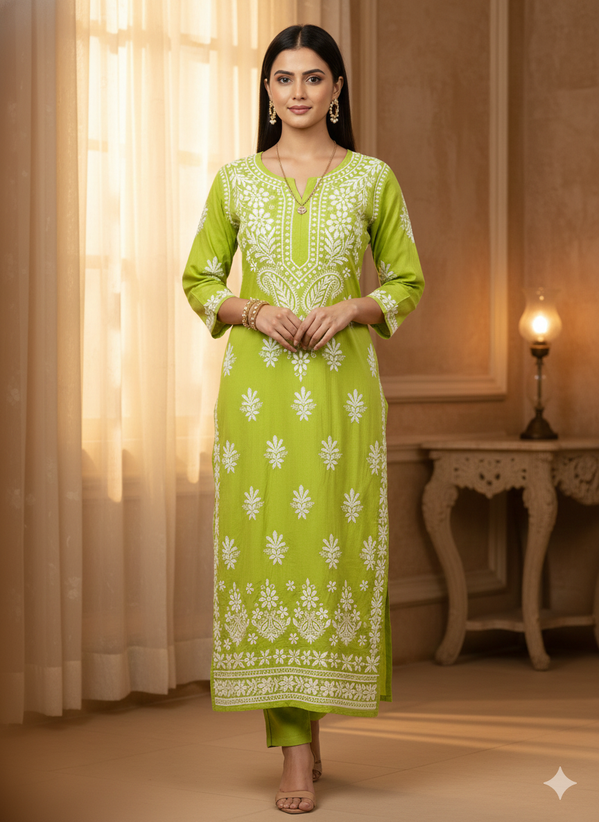 Green Lucknowi Chikankari Kurti for Women | Original Hand Embroidered Modal Kurti – Lucknow Best Chikankari