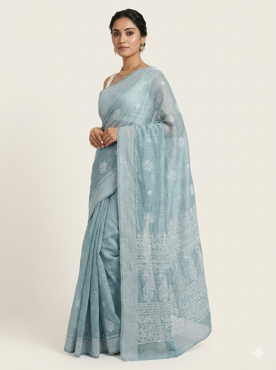 Soft Grey Chanderi Chikankari Saree with White Hand Embroidery & Detailed Border