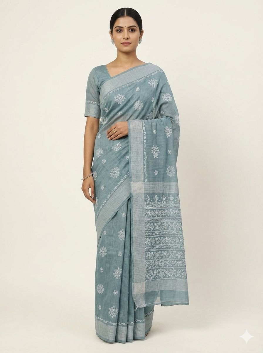Soft Grey Chanderi Chikankari Saree with White Hand Embroidery & Detailed Border