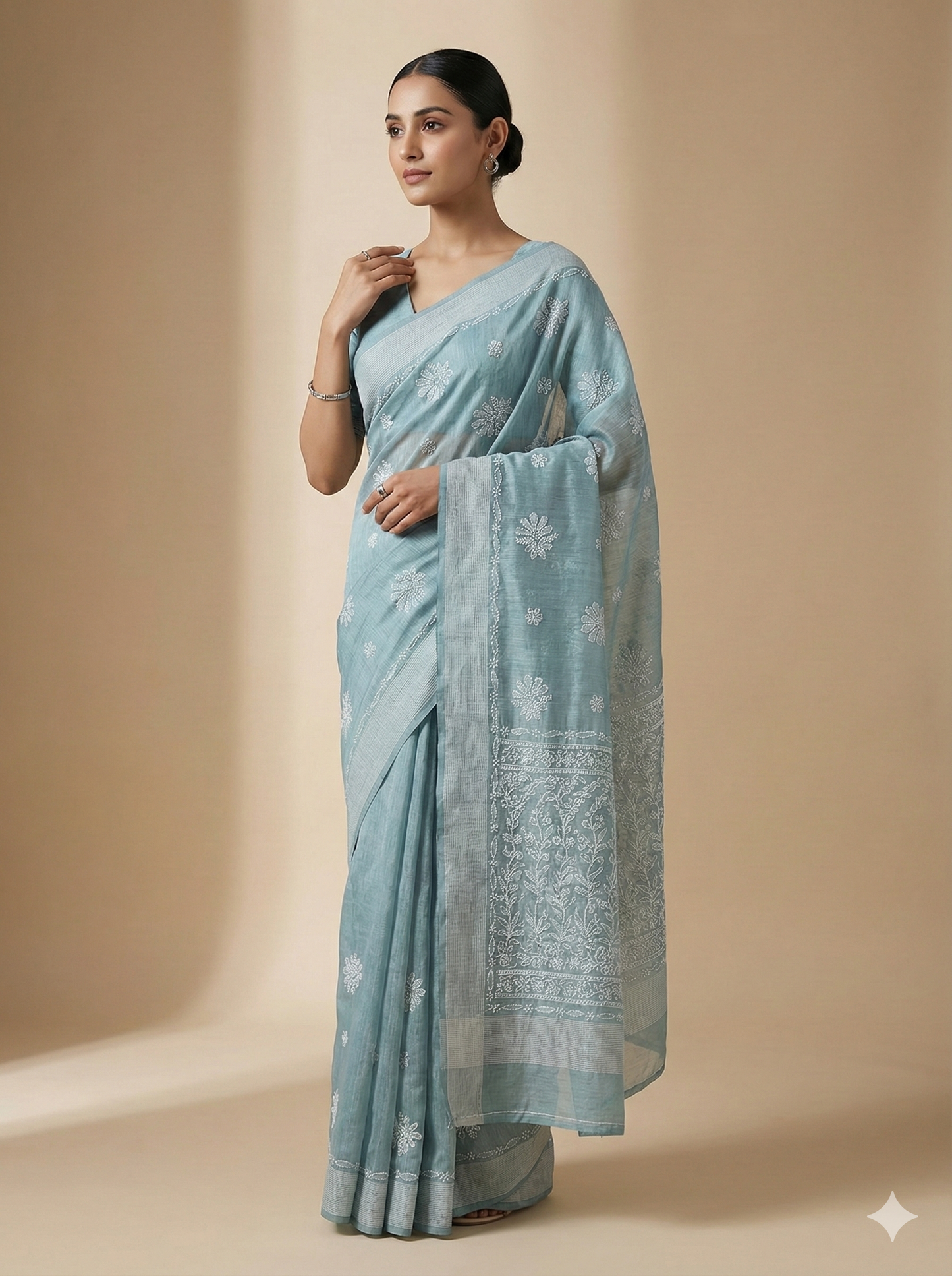 Soft Grey Chanderi Chikankari Saree with White Hand Embroidery & Detailed Border