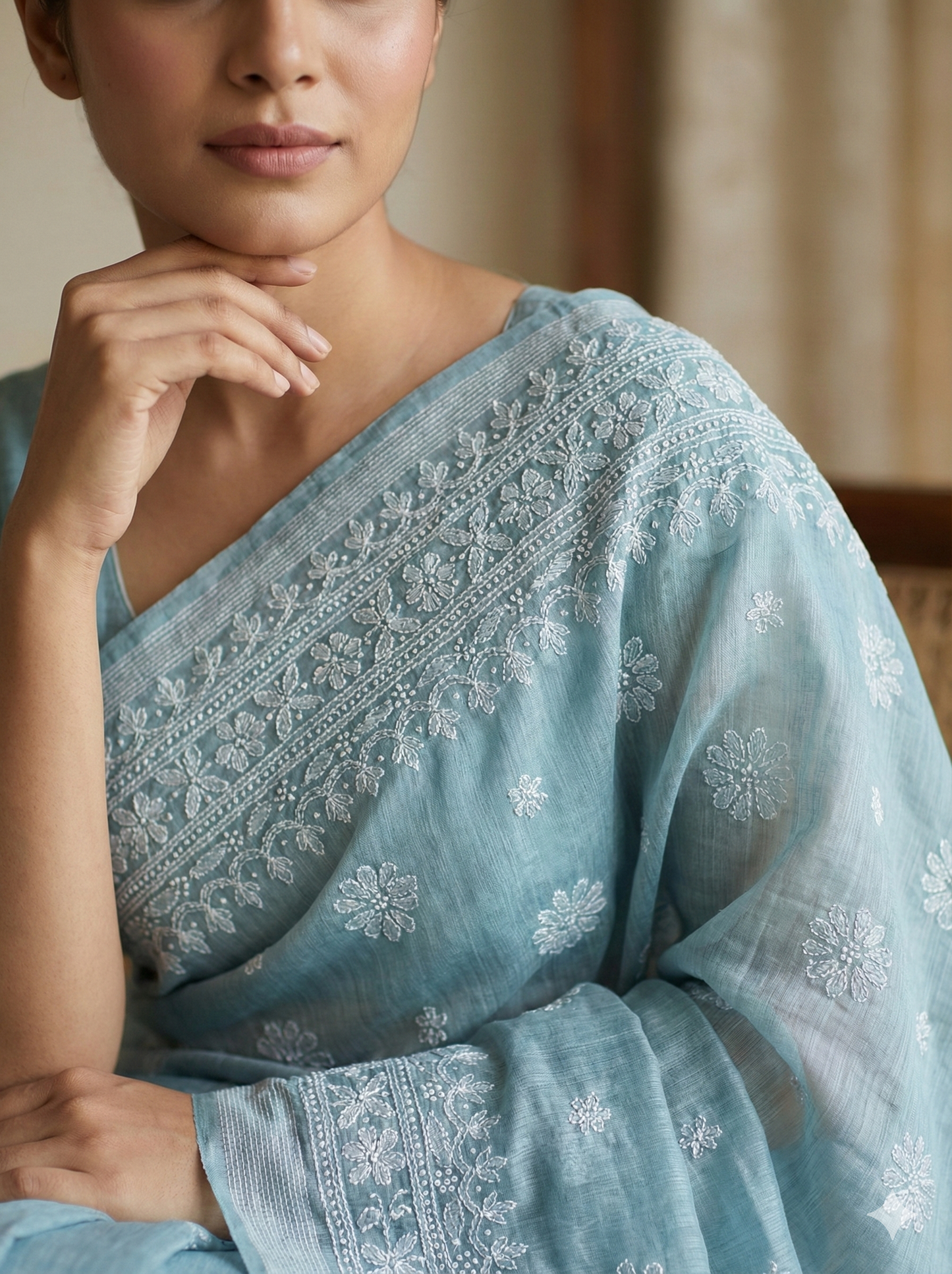 Soft Grey Chanderi Chikankari Saree with White Hand Embroidery & Detailed Border