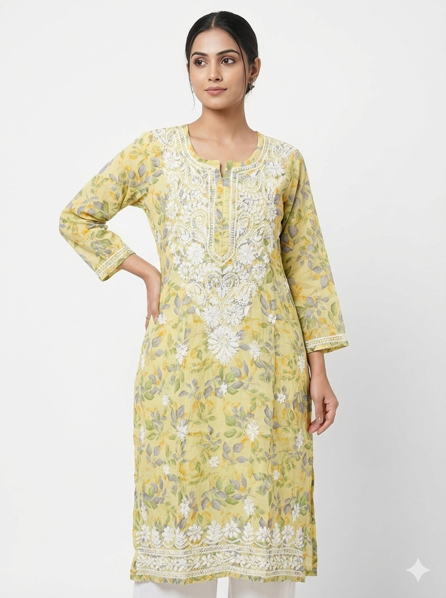 Lucknowi Hand Chikankari Cotton Kurti for Women | Floral Printed Straight Kurta – Lucknow Best Chikankari