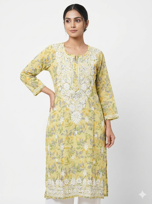 Floral cotton Lucknowi Chikankari kurti embroidery close up
