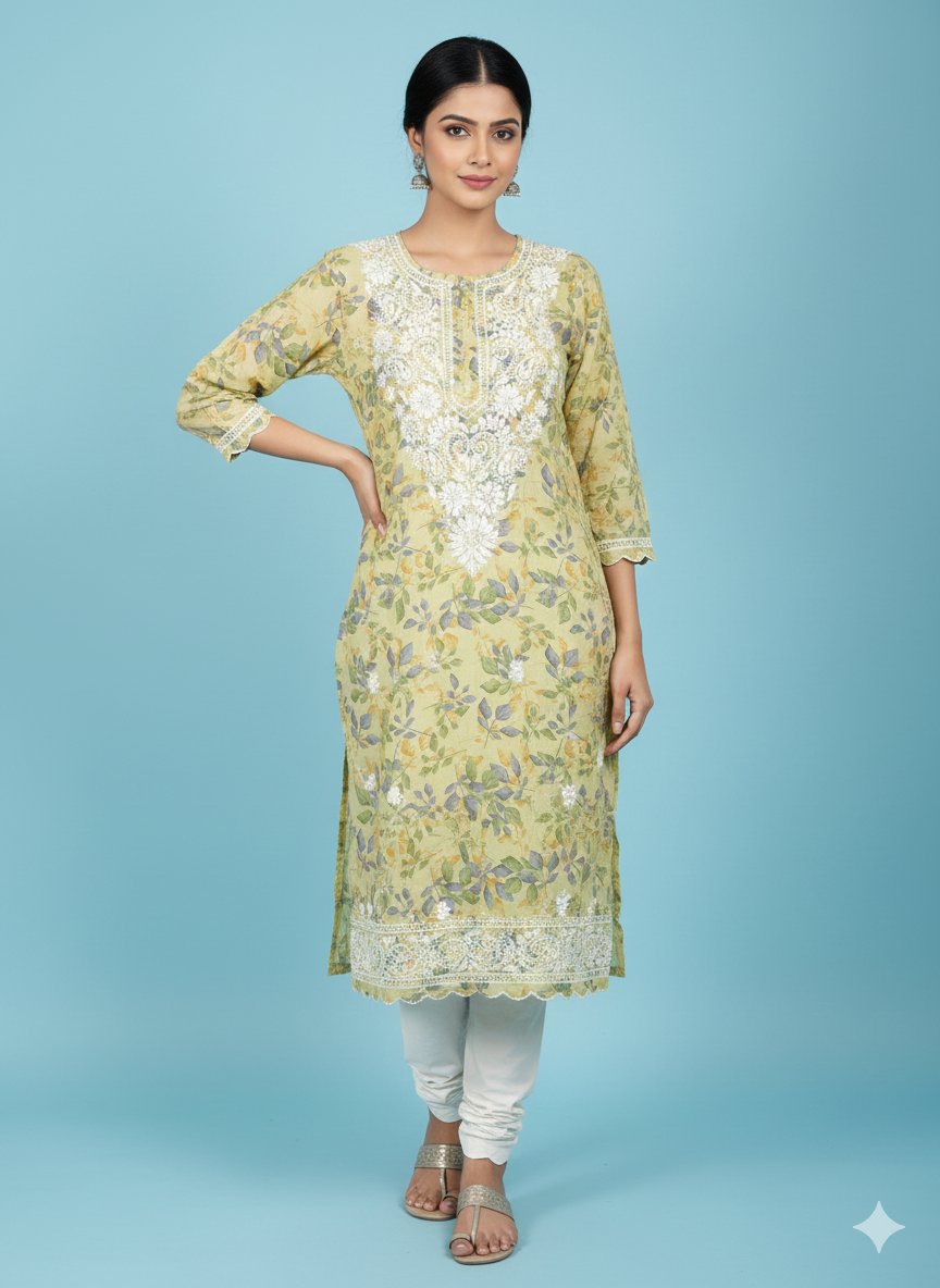 Lucknowi Hand Chikankari Cotton Kurti for Women | Floral Printed Straight Kurta – Lucknow Best Chikankari