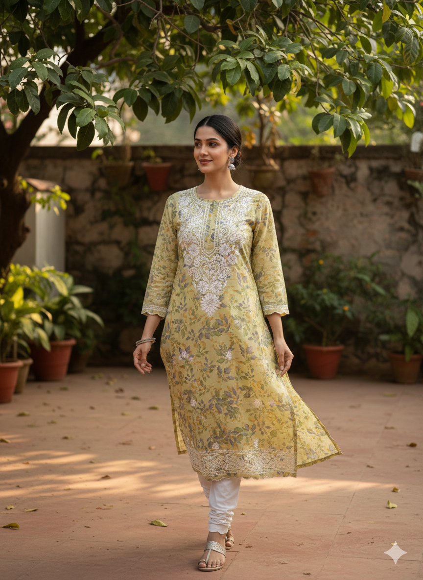 Lucknowi Hand Chikankari Cotton Kurti for Women | Floral Printed Straight Kurta – Lucknow Best Chikankari