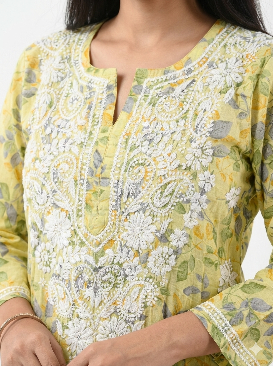 Lucknowi Hand Chikankari Cotton Kurti for Women | Floral Printed Straight Kurta – Lucknow Best Chikankari