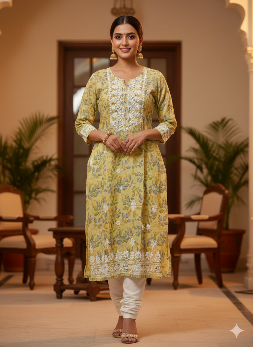 Lucknowi Hand Chikankari Cotton Kurti for Women | Floral Printed Straight Kurta – Lucknow Best Chikankari