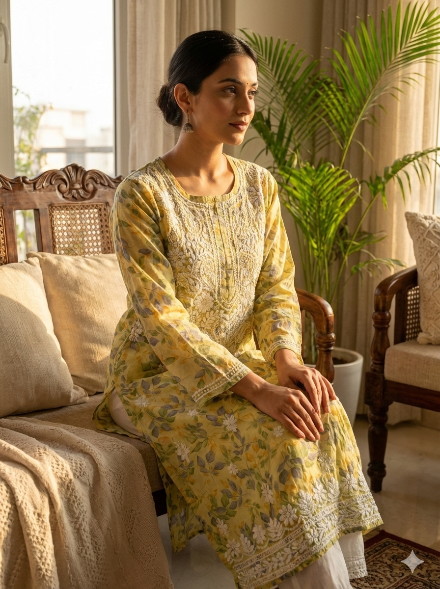 Floral Cotton Lucknowi Chikankari Kurti M