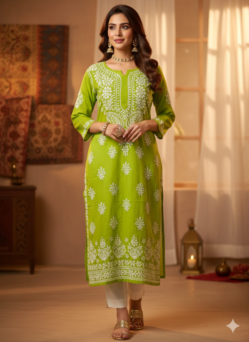 Green Modal Chikankari Kurti for Women – Hand Embroidered Lucknowi Kurti | LucknowBestChikankari