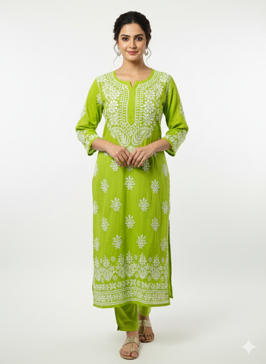 Green Modal Chikankari Kurti for Women – Hand Embroidered Lucknowi Kurti | LucknowBestChikankari