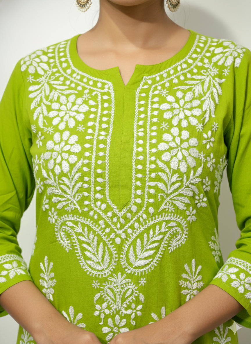 Green Modal Chikankari Kurti for Women – Hand Embroidered Lucknowi Kurti | LucknowBestChikankari