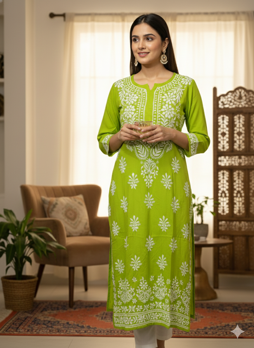 Green Modal Chikankari Kurti for Women – Hand Embroidered Lucknowi Kurti | LucknowBestChikankari