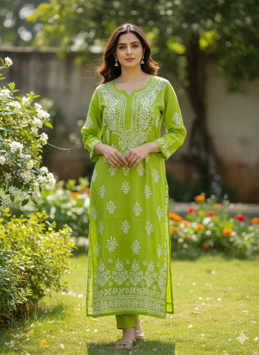 Green Modal Chikankari Kurti for Women – Hand Embroidered Lucknowi Kurti | LucknowBestChikankari