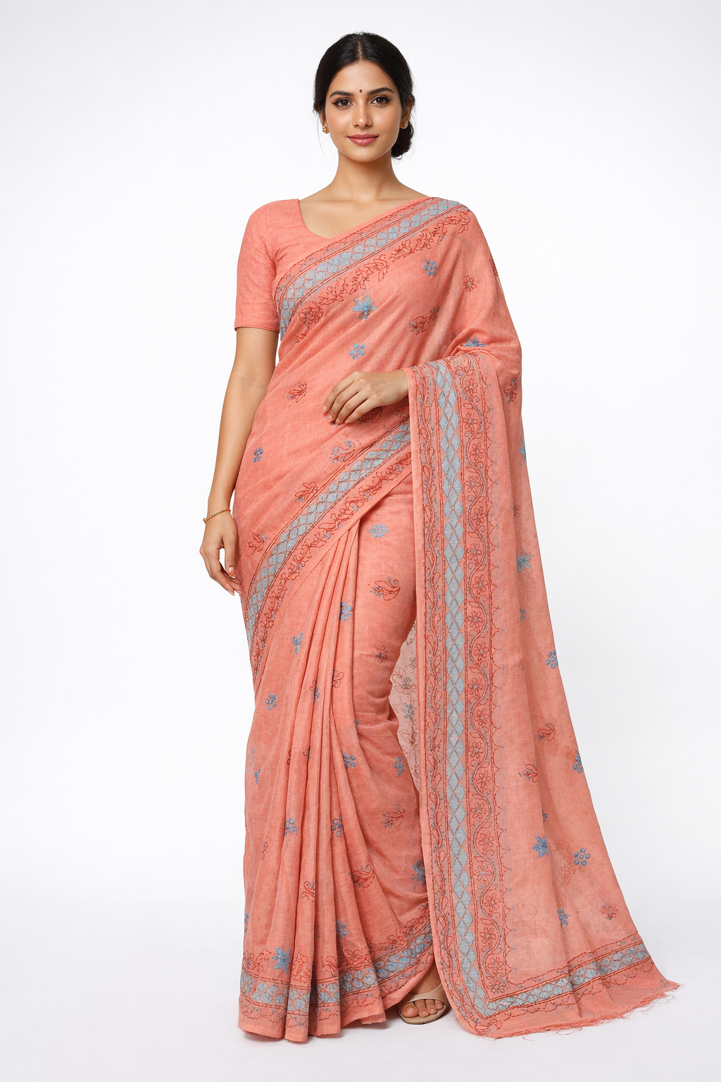 Peach Cotton Chikankari Saree with Sky Blue Floral Embroidery & Elegant Border