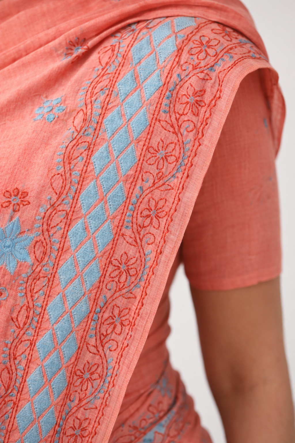 Peach Cotton Chikankari Saree with Sky Blue Floral Embroidery & Elegant Border