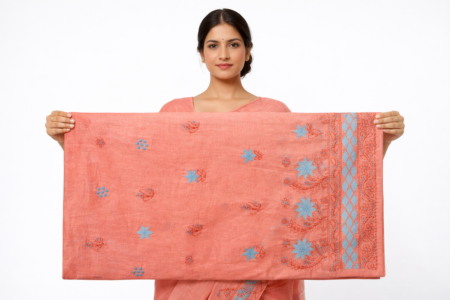 Peach Cotton Chikankari Saree with Sky Blue Floral Embroidery & Elegant Border