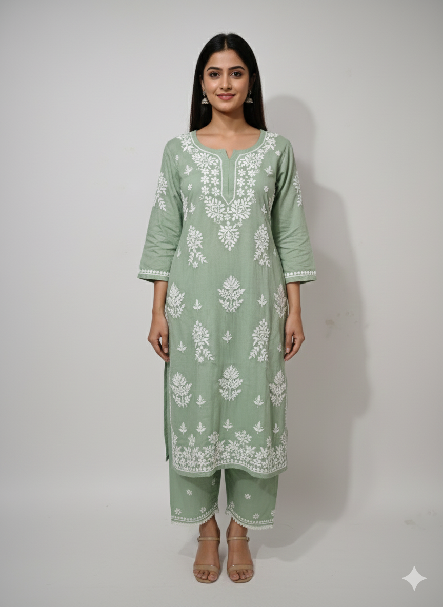 Lucknow Best Chikankari Mehndi Green Rayon Kurti | Authentic Handcrafted Lucknowi Kurta