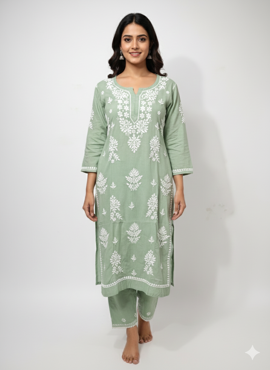 Lucknow Best Chikankari Mehndi Green Rayon Kurti | Authentic Handcrafted Lucknowi Kurta