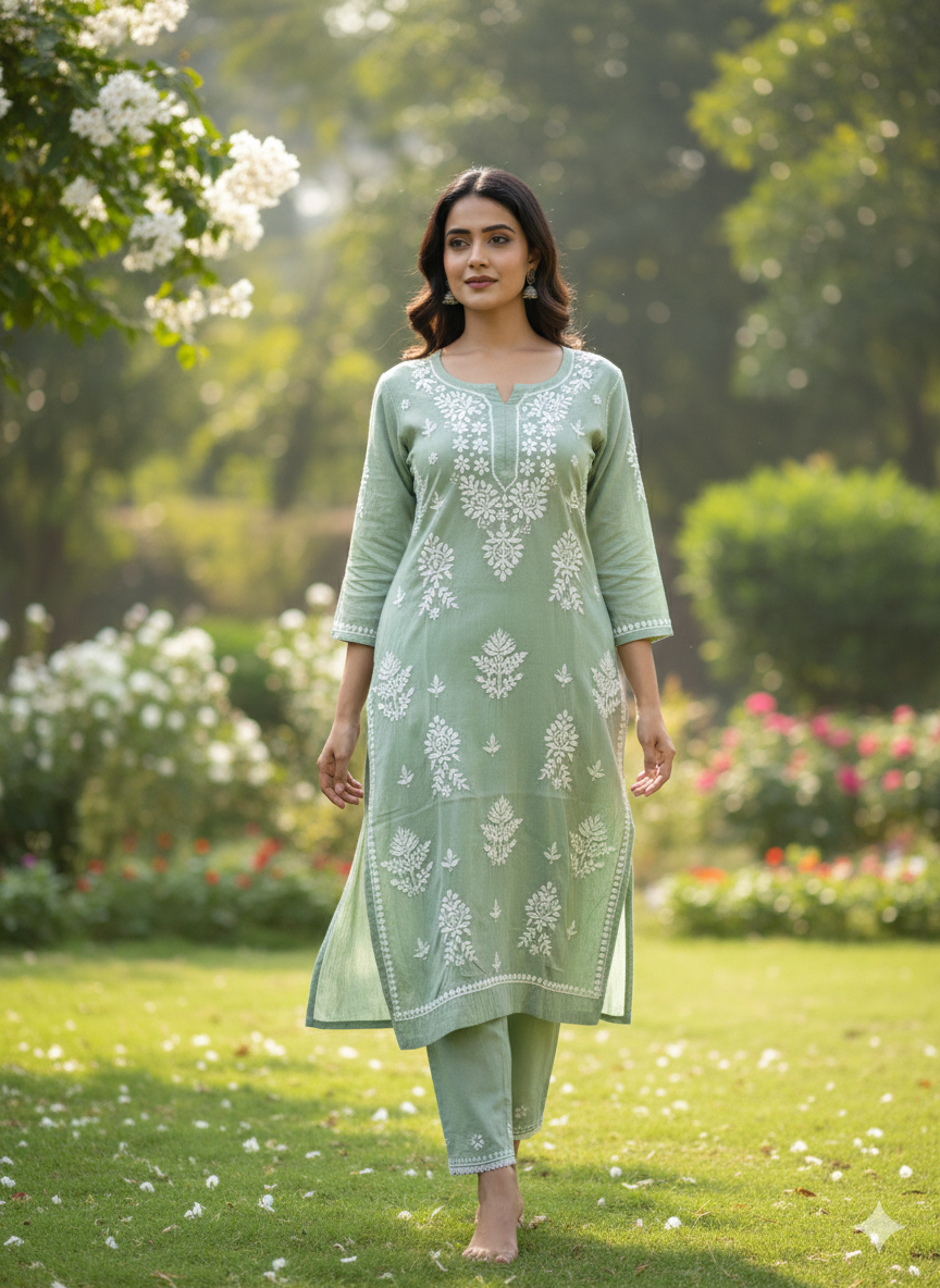 Lucknow Best Chikankari Mehndi Green Rayon Kurti | Authentic Handcrafted Lucknowi Kurta