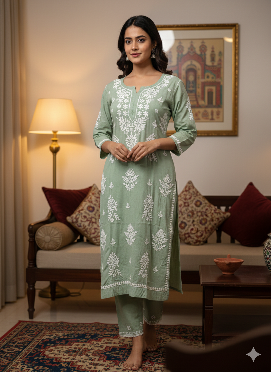 Lucknow Best Chikankari Mehndi Green Rayon Kurti | Authentic Handcrafted Lucknowi Kurta