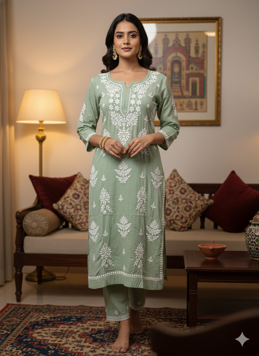 Lucknow Best Chikankari Mehndi Green Rayon Kurti | Authentic Handcrafted Lucknowi Kurta