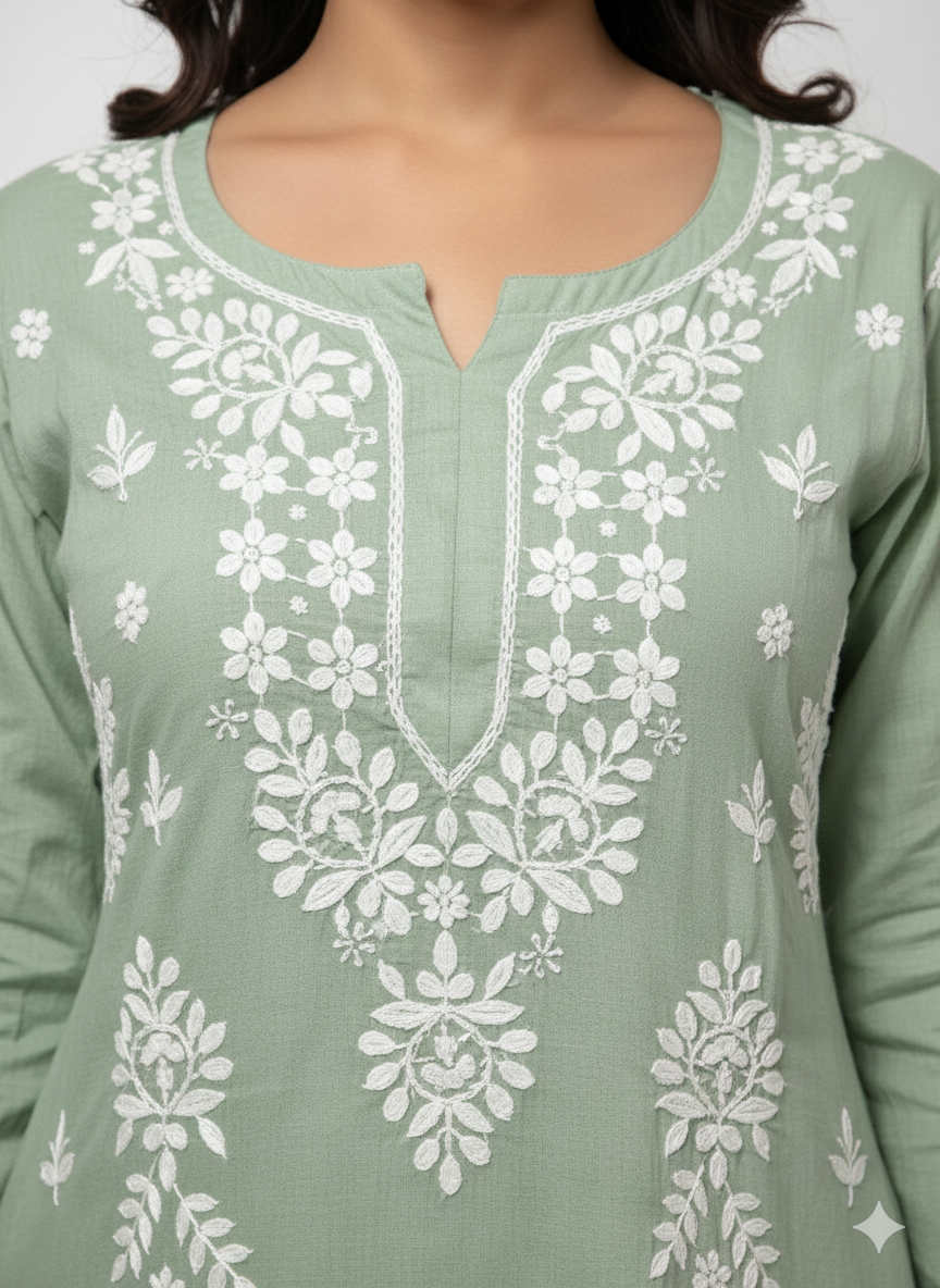 Lucknow Best Chikankari Mehndi Green Rayon Kurti | Authentic Handcrafted Lucknowi Kurta