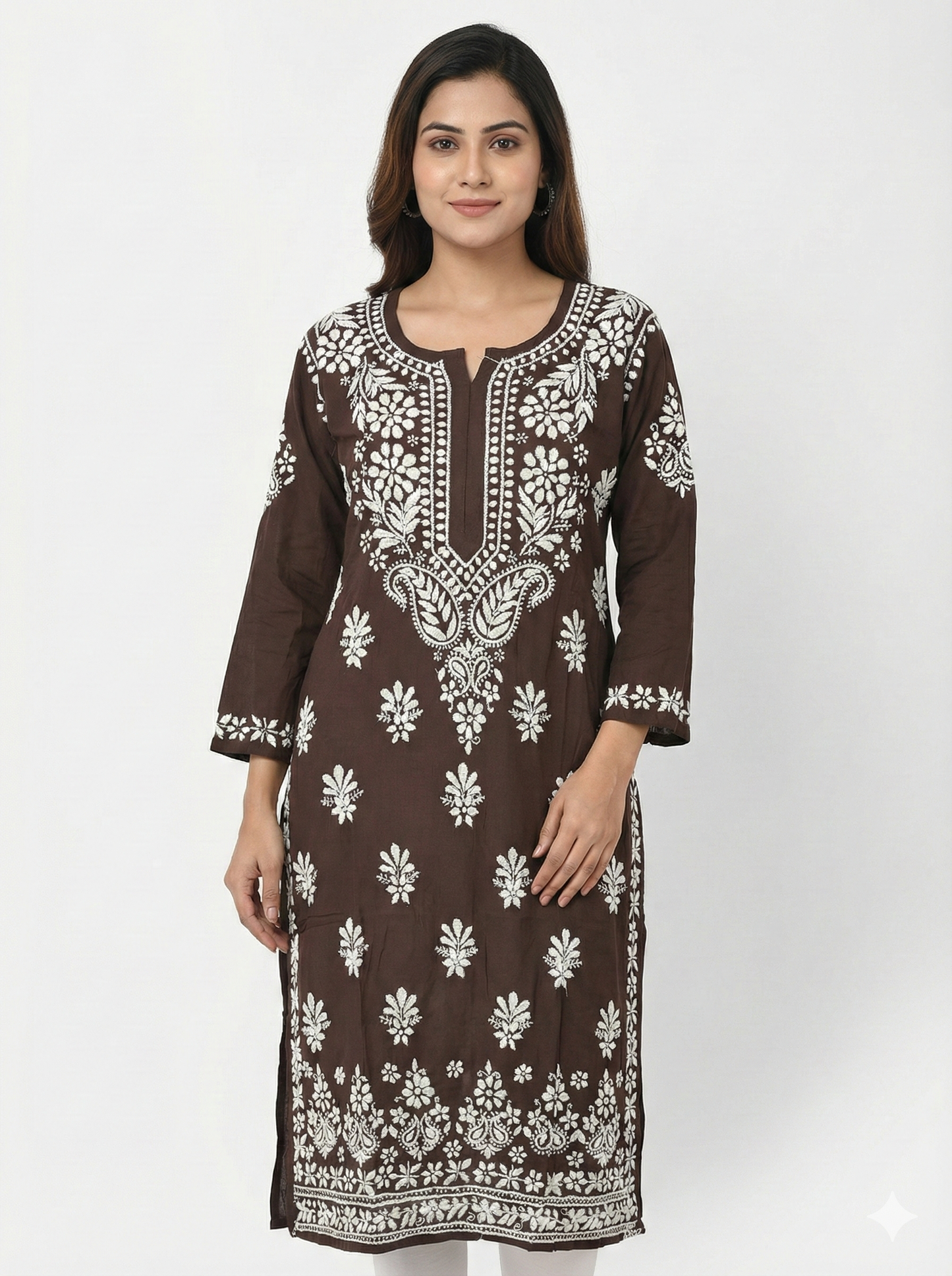 Wine Color Modal Chikankari Kurti for Women | Lucknow Hand Embroidered Rayon-Modal Kurta