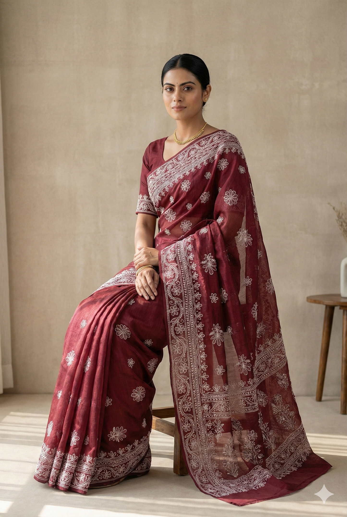 Wine Maroon Chanderi Chikankari Embroidered Saree with Handcrafted White Floral Work