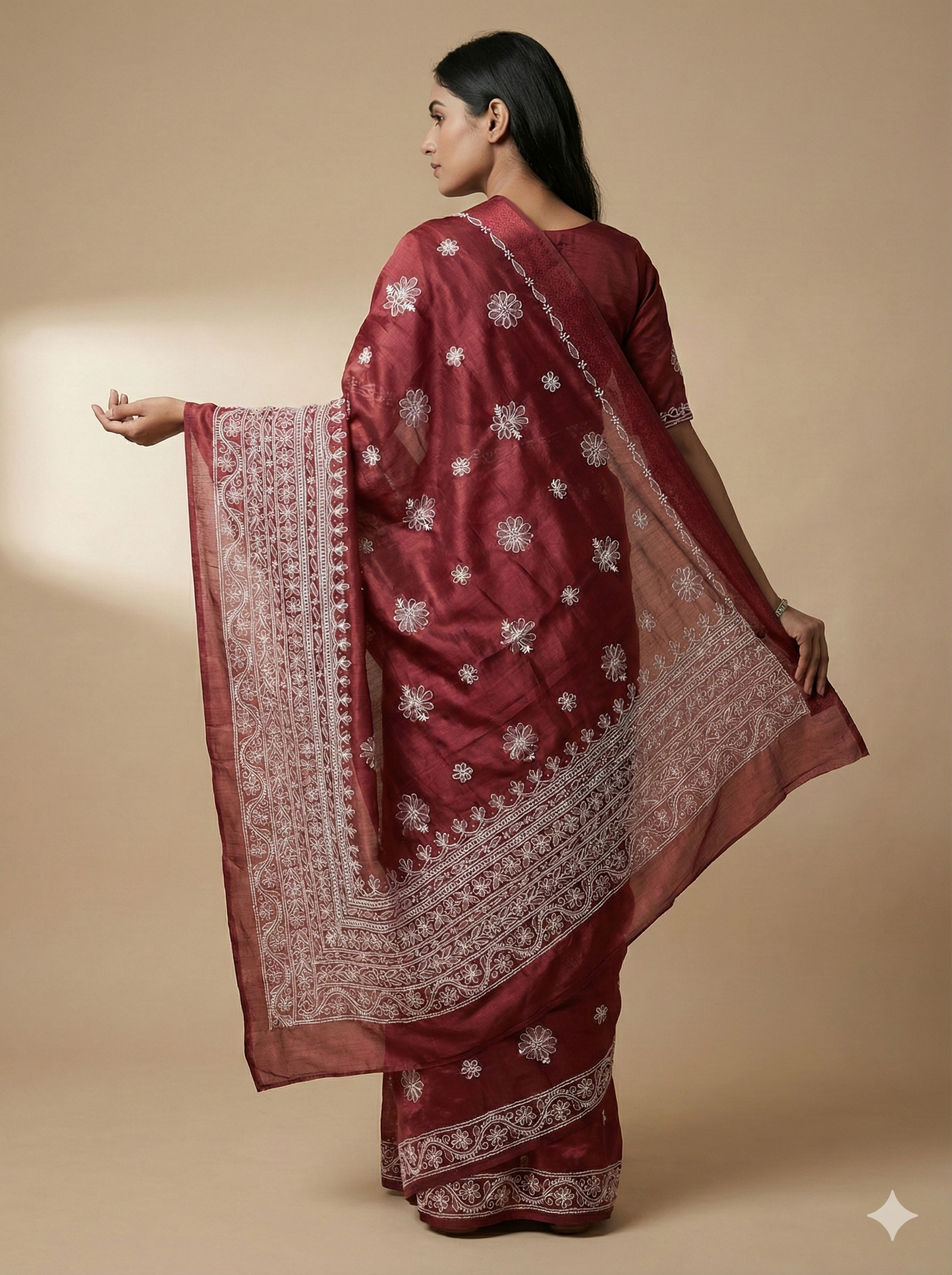 Wine Maroon Chanderi Chikankari Embroidered Saree with Handcrafted White Floral Work