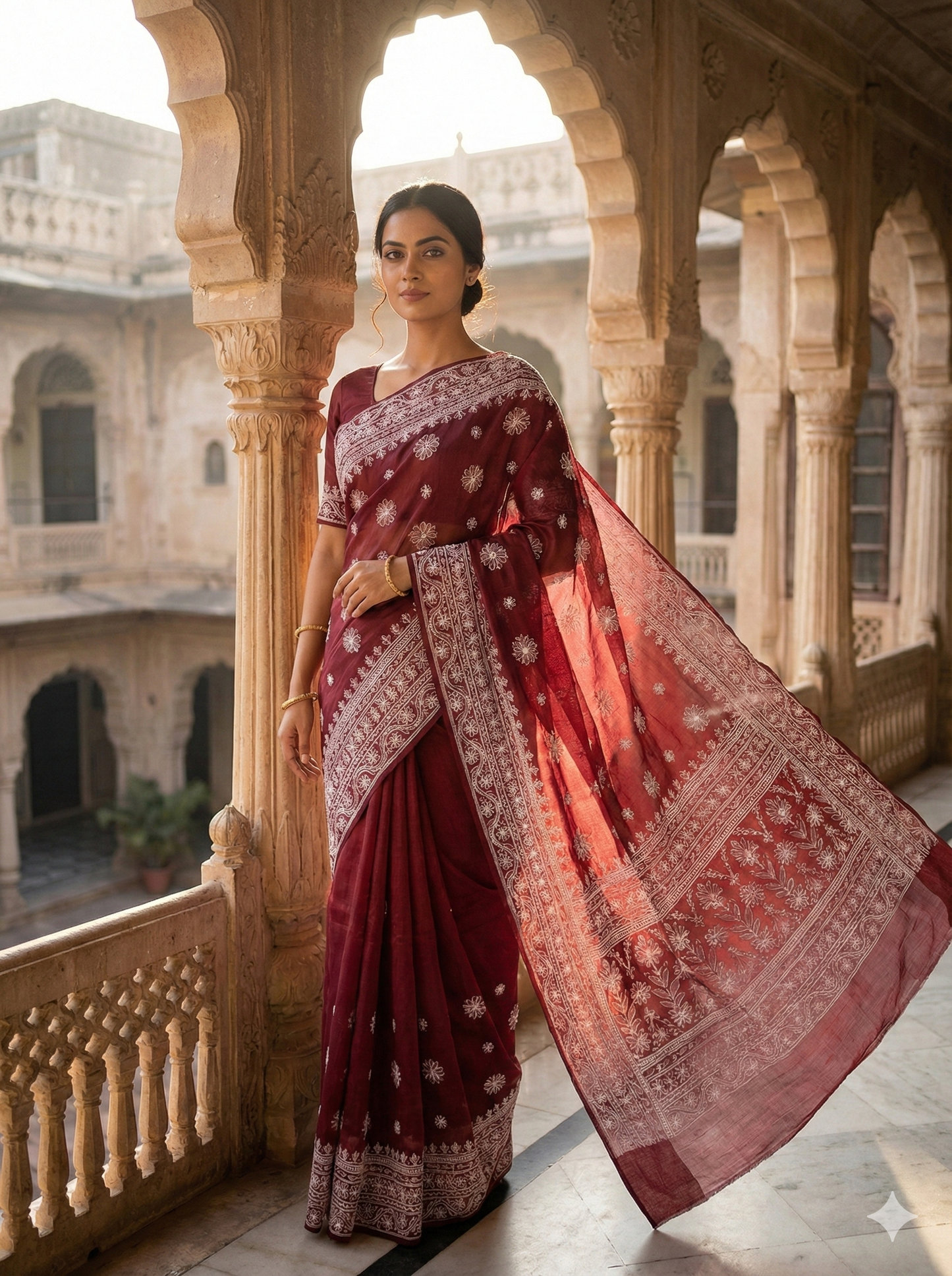 Wine Maroon Chanderi Chikankari Embroidered Saree with Handcrafted White Floral Work