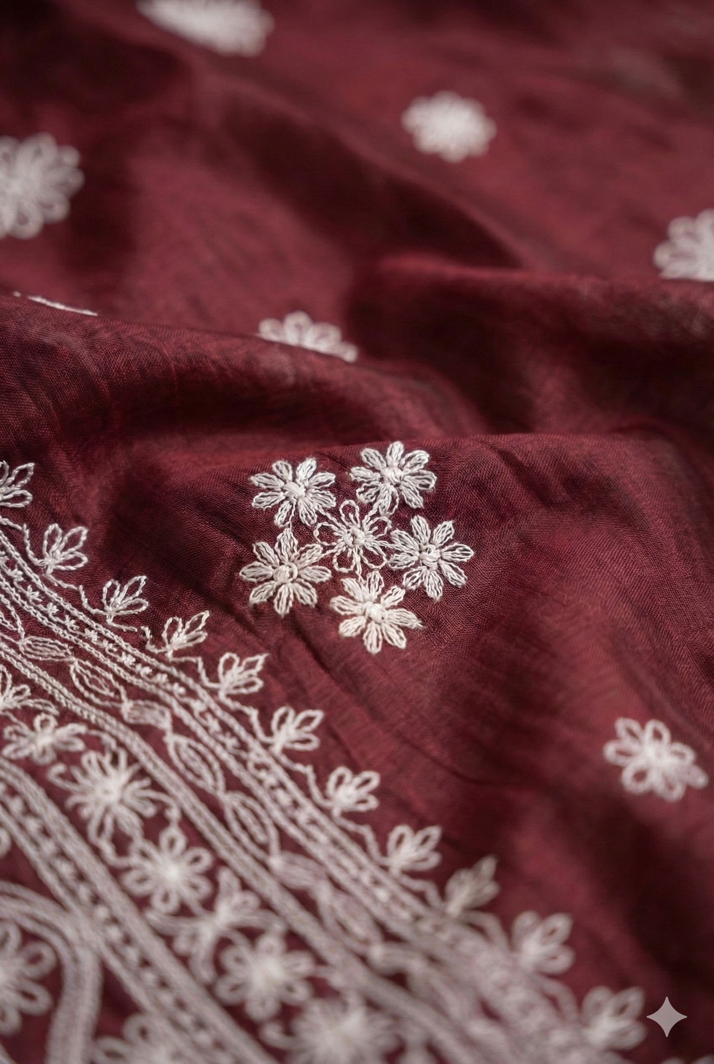 Wine Maroon Chanderi Chikankari Embroidered Saree with Handcrafted White Floral Work