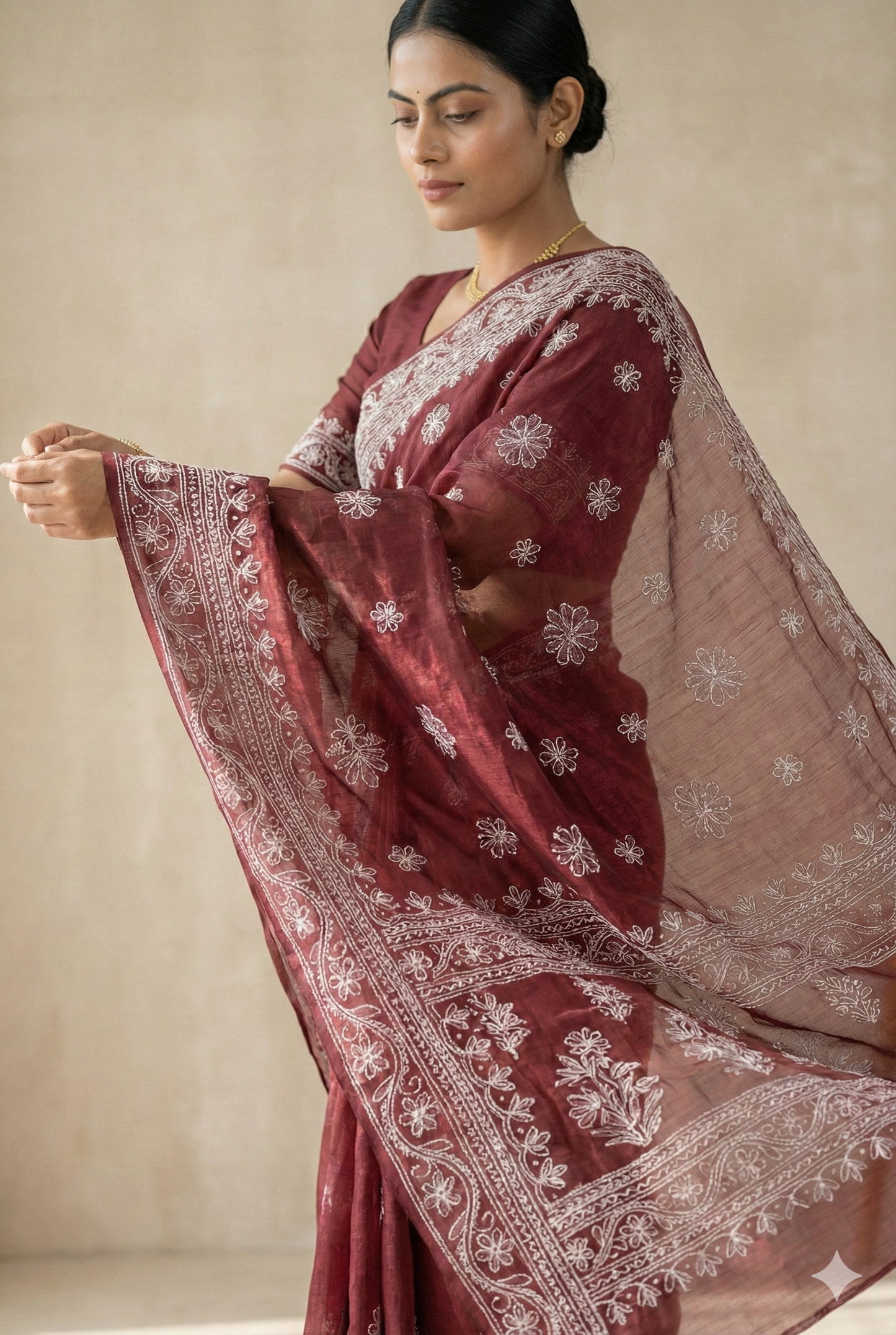 Wine Maroon Chanderi Chikankari Embroidered Saree with Handcrafted White Floral Work