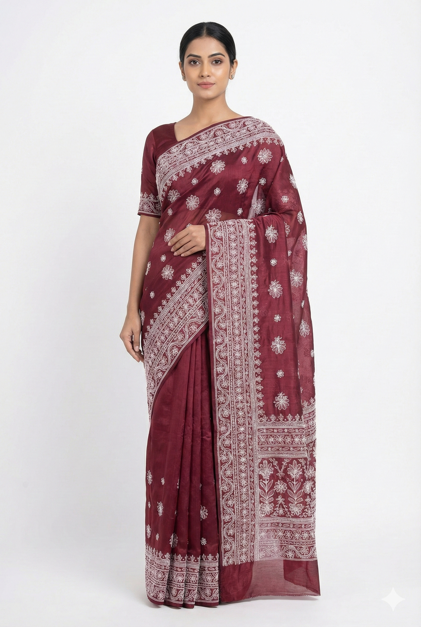 Wine Maroon Chanderi Chikankari Embroidered Saree with Handcrafted White Floral Work