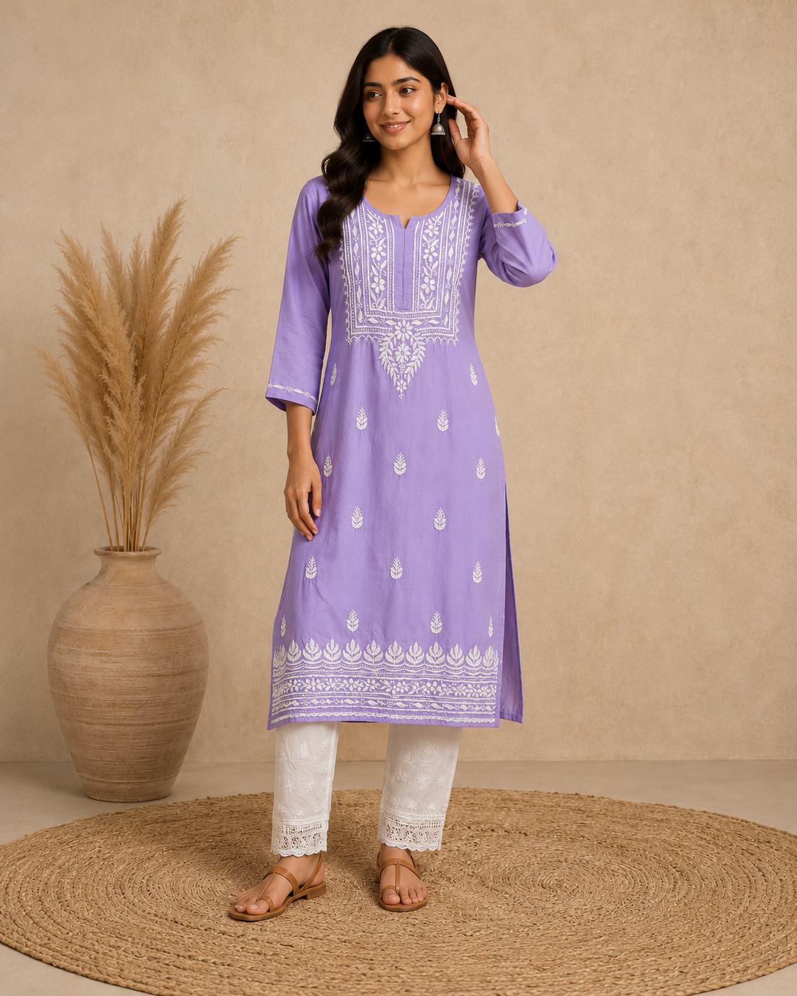 Lavender Rayon Lucknowi Chikankari Kurti for Women – Handmade White Embroidery